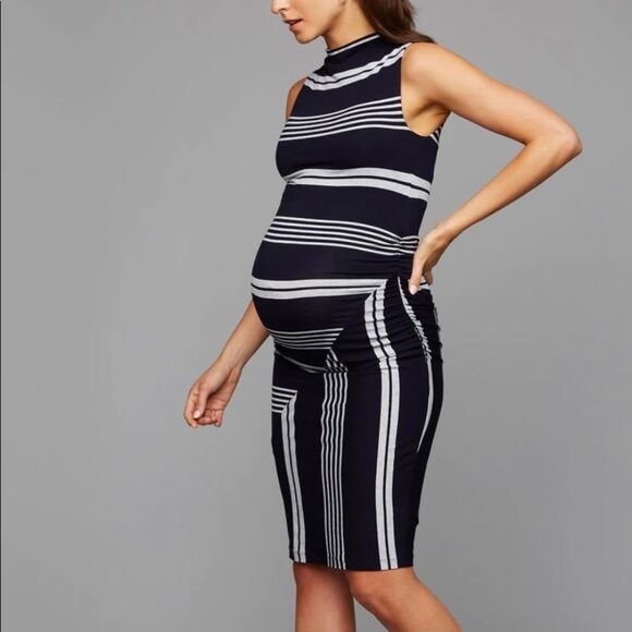 A Pea in the Pod Striped Side Ruched Maternity Dress Sz Large - Picture 1 of 7